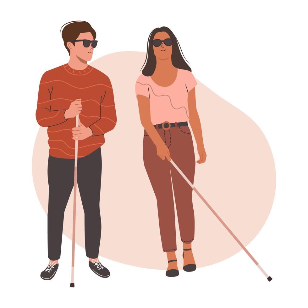 junge blinde menschen mit dunklen brillen, die mit einem stock stehen. Menschen mit körperlicher Behinderung, die Stock halten. Sehbehinderung, Augenkrankheit. flache vektorillustration. vektor