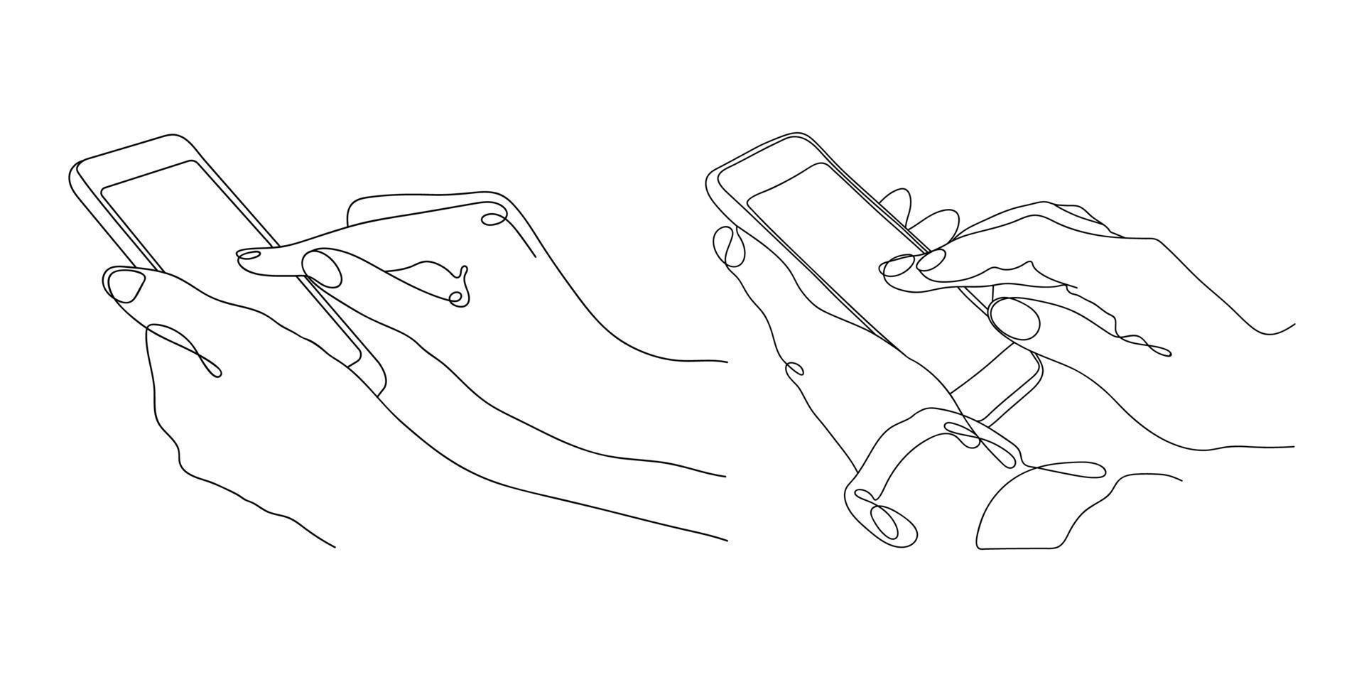 uppsättning händer håller en mobiltelefon. en linje stil illustration. oändlig teckning. isolerade element på en vit bakgrund. kvalitetsbedömning, informationssökning, lämna recensioner och feedback. vektor