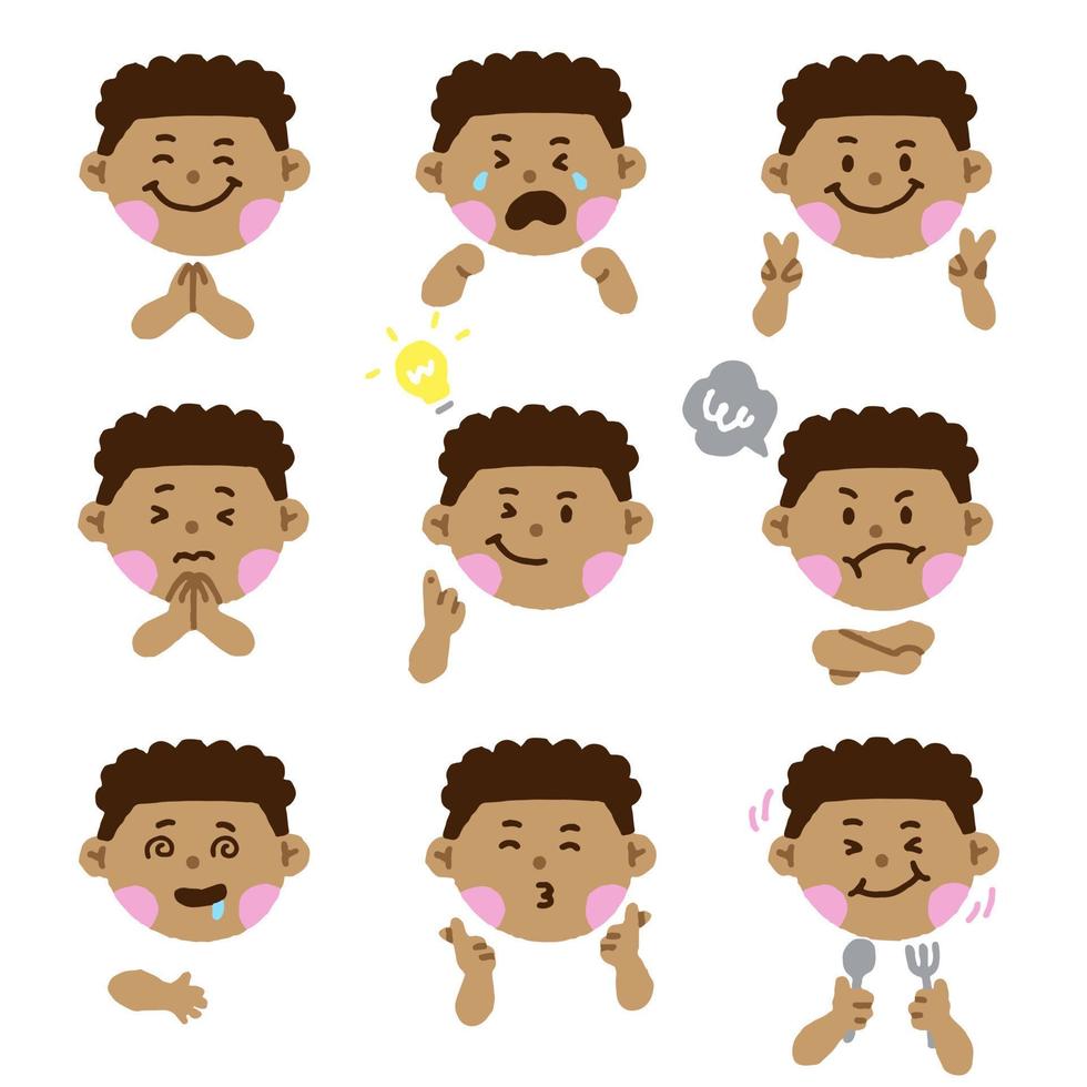 niedlicher afroamerikaner schwarzer junge haare auge kinder kind kinder schule unterschiedlicher ausdruck emotion emotional emoticon hände gekritzel charakter gefühle gesichter sammlung set symbol vektorillustration vektor