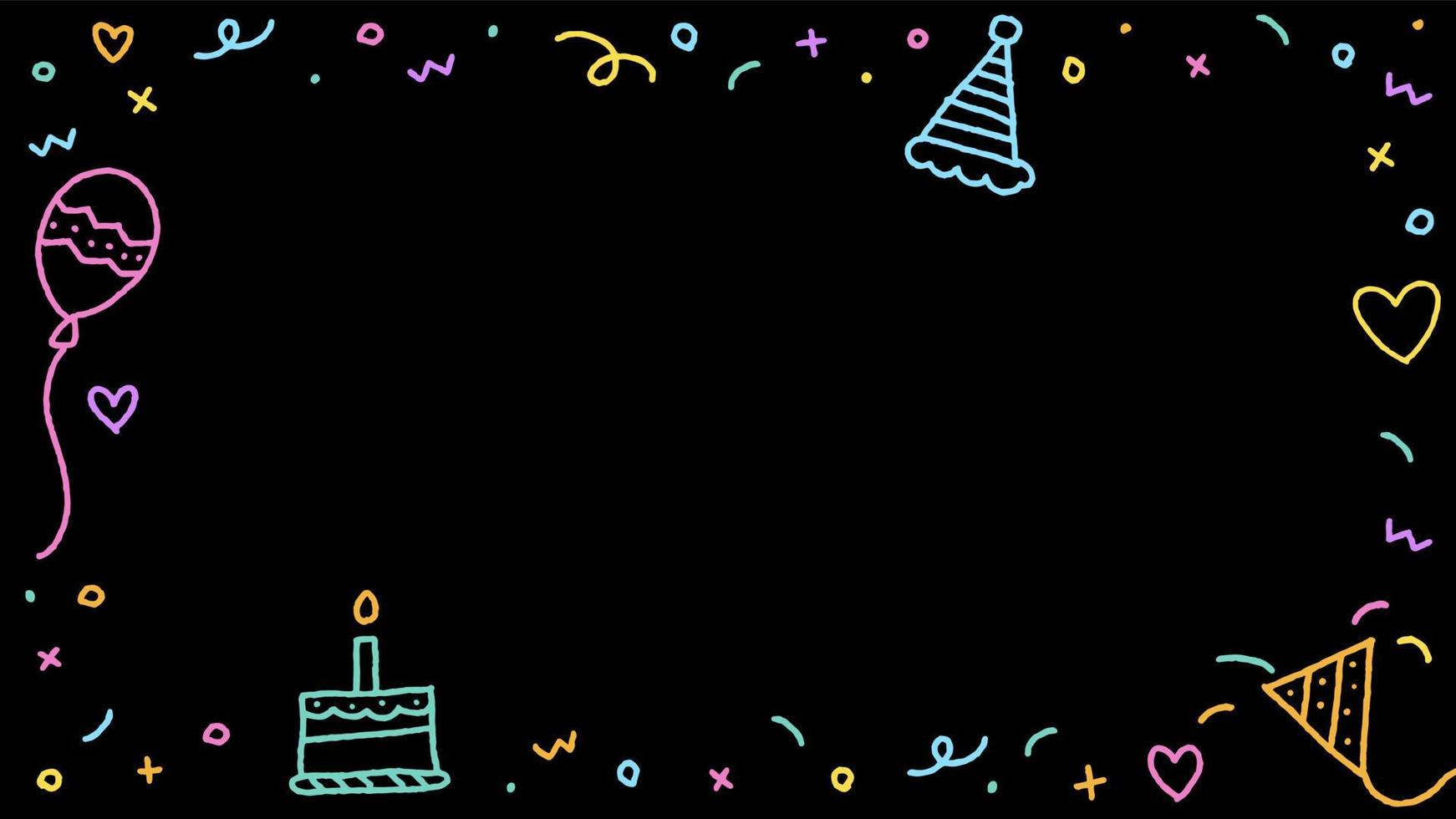 grattis på födelsedagen konfetti färgglad rosa blå grön orange lila violett gul doodle kontur regnbåge neon färg svart bakgrund ram inbjudningskort rektangel ikon vektorillustration vektor
