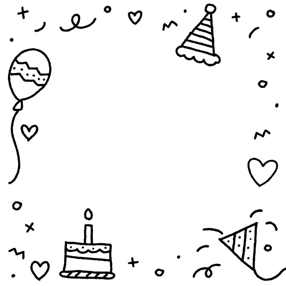 söt födelsedagsfest konfetti svartvit bw doodle bakgrund kantram inbjudningskort fyrkantig ikon vektorillustration vektor