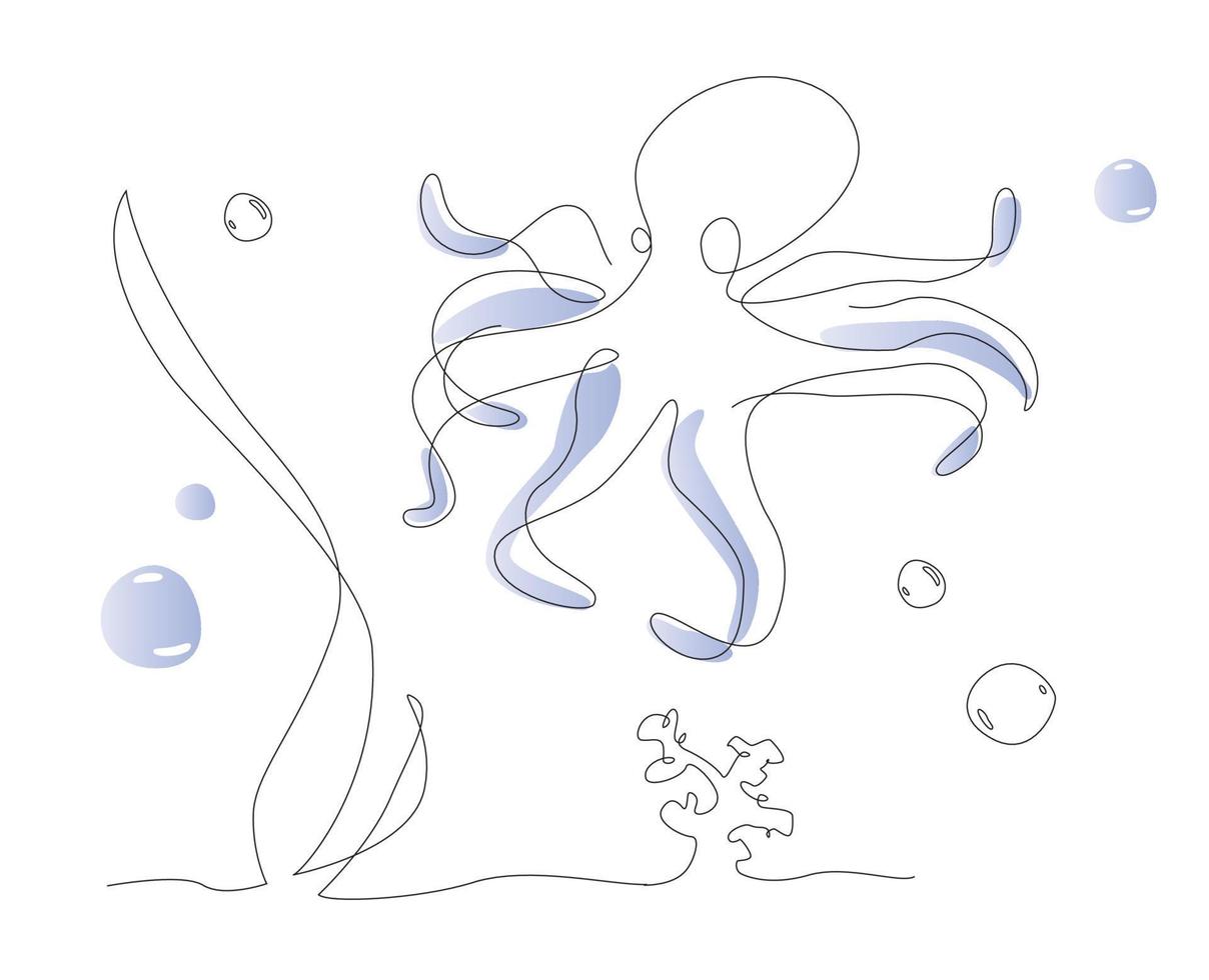 einzeilige oktopus-illustration. Sea Life Line Art Vektor. süße Fischumrisse vektor