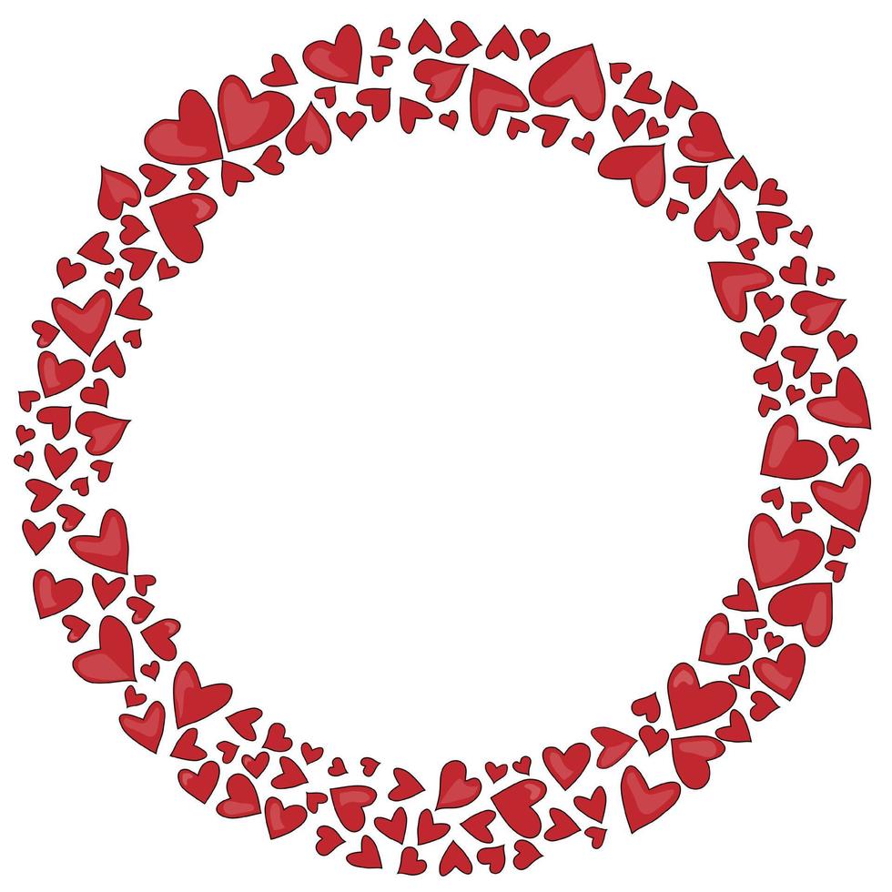 Kreisförmiger Rahmen aus zufällig handgezeichneten leuchtend roten Herzen. vektorillustration lokalisiert auf weiß. design für hochzeiten, jahrestag, muttertag. vektor