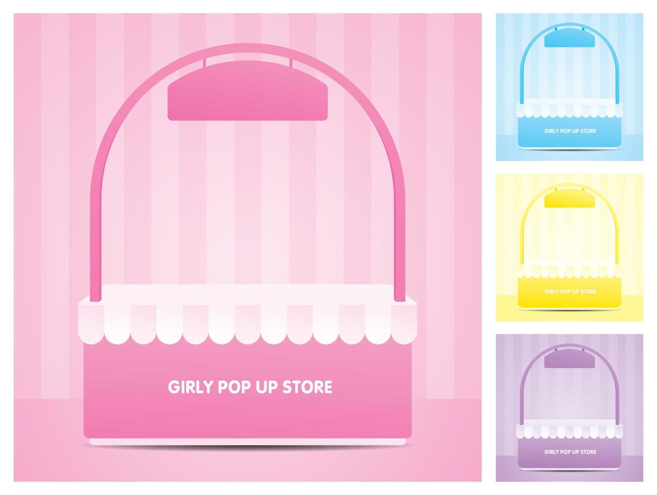 Girly Pop-up-Store mit Bogen und Hängeschild 3D-Illustrationsvektorsammlung auf pastellgestreifter Wandszene vektor