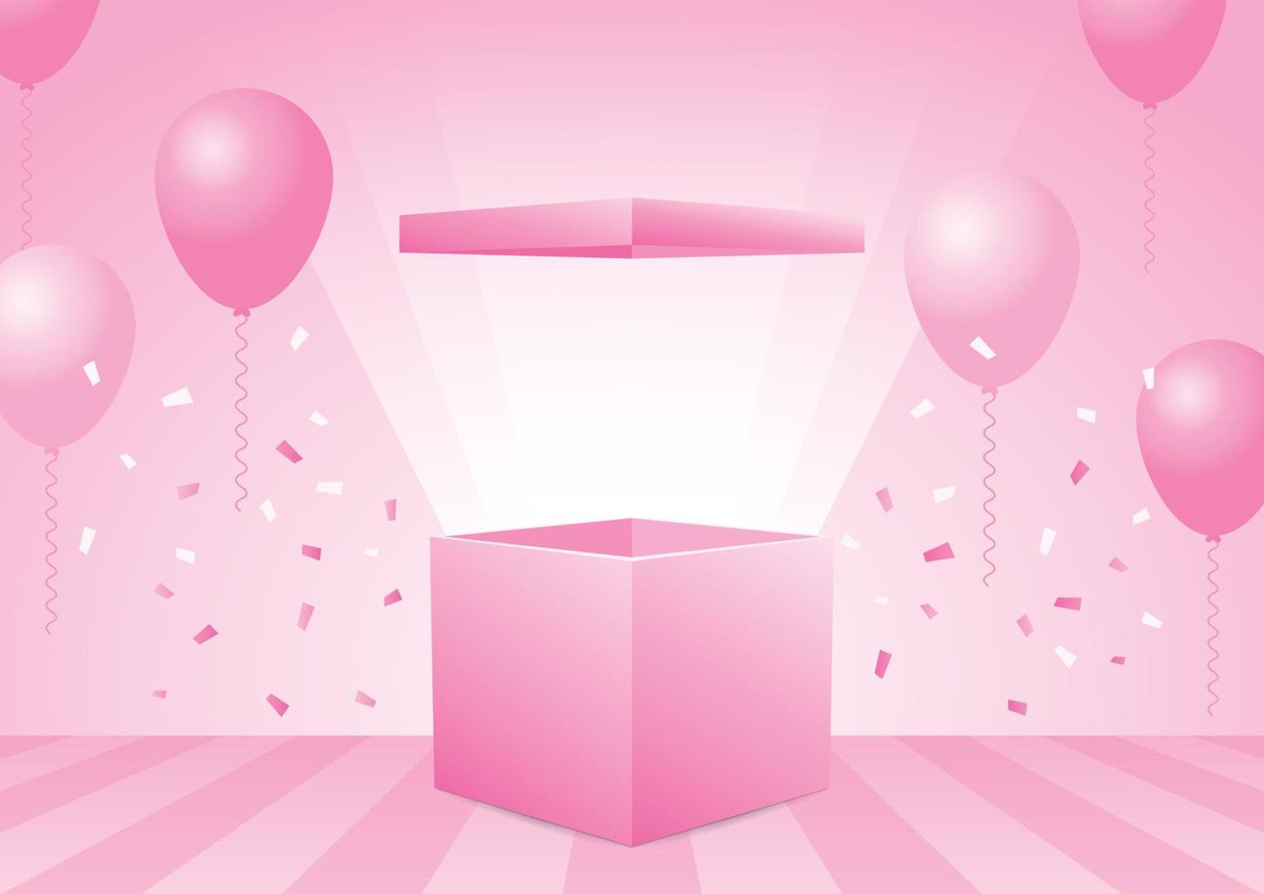 söt pastell rosa öppnad låda 3d illustration vektor med ballonger grafiskt element