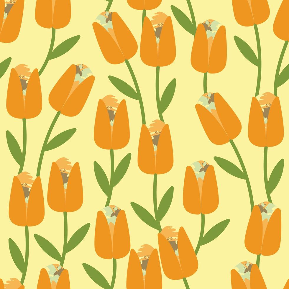 Nahtloser abstrakter orangefarbener Tulpenblumen-Musterhintergrund, Grußkarte oder Stoff vektor