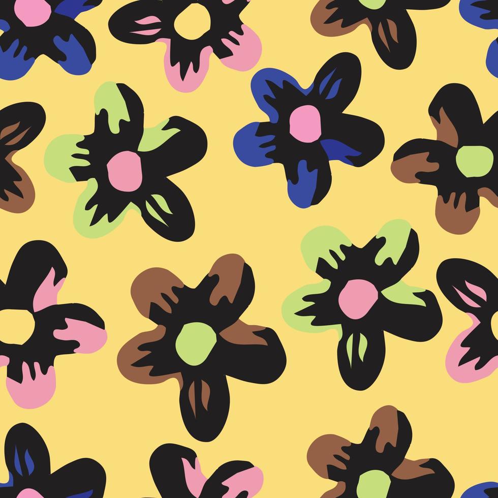 sömlös söt mönsterbakgrund med doodle flerfärgad blomma, gratulationskort eller tyg vektor