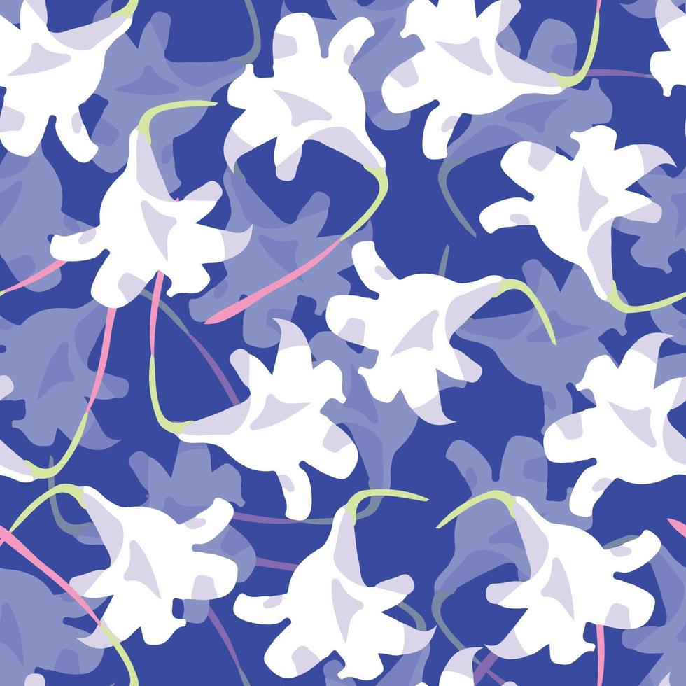 sömlösa växtmönster på blå bakgrund med vita blommor, gratulationskort eller tyg vektor