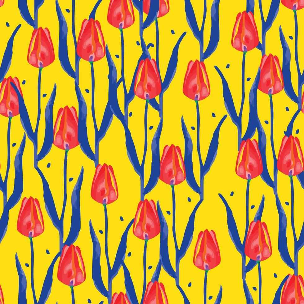 Nahtloses gemischtes Tulpenblumenmuster auf gelbem Hintergrund, Grußkarte oder Stoff vektor