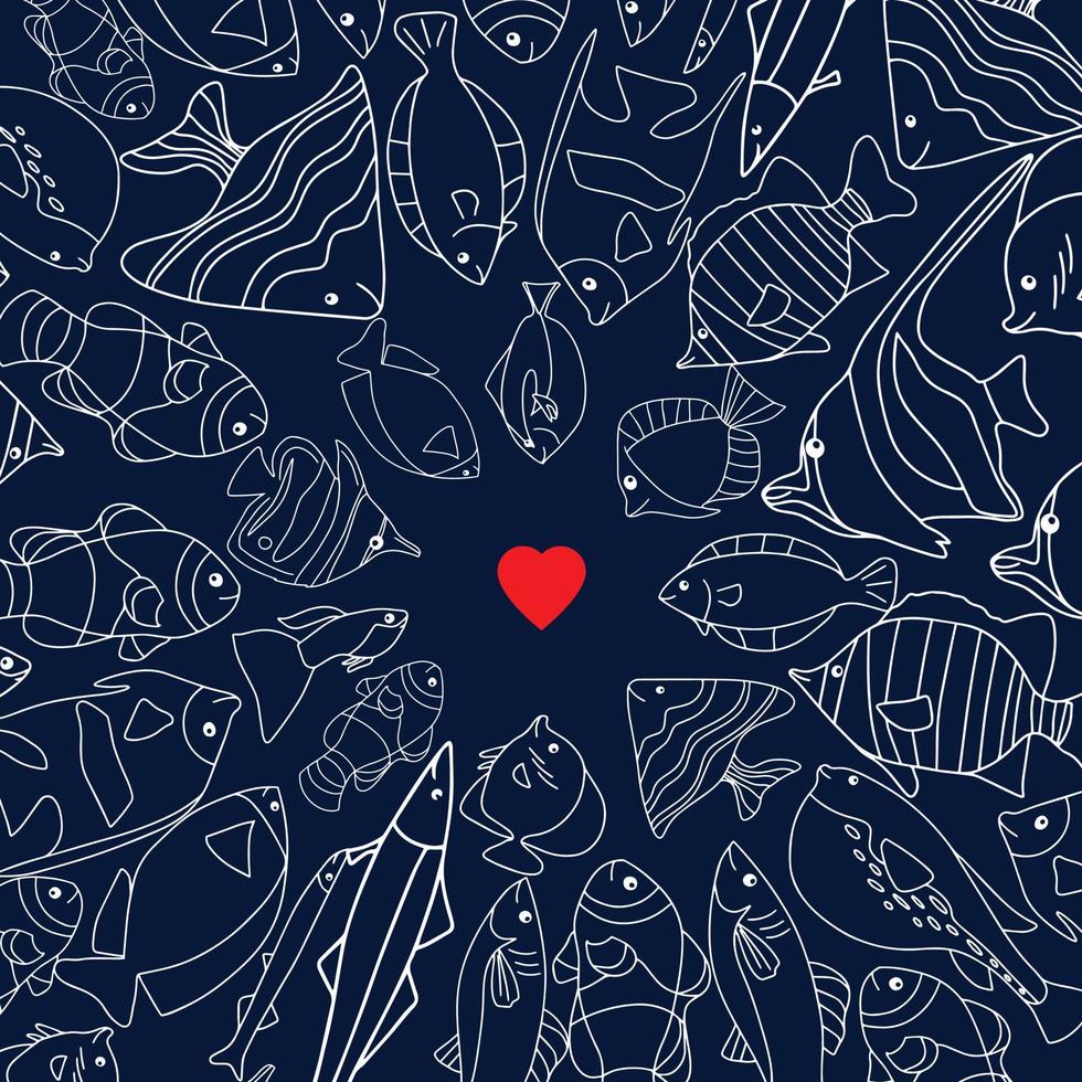 Fische schwimmen um rotes Herz am Angelhaken. kreatives konzept von liebe, flirt und valentinstag. vektor