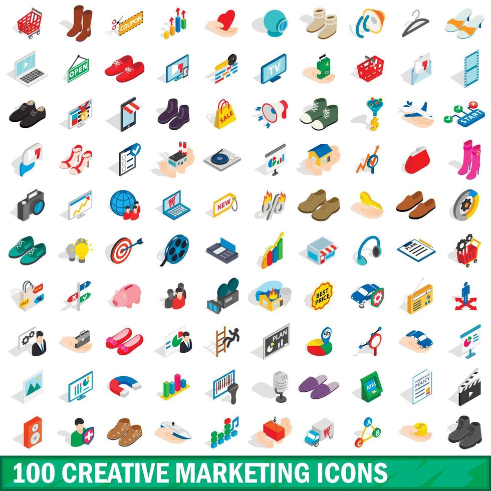 100 kreative Marketing-Icons gesetzt, isometrischer Stil vektor