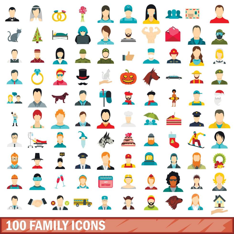 100 familjeikoner set, platt stil vektor