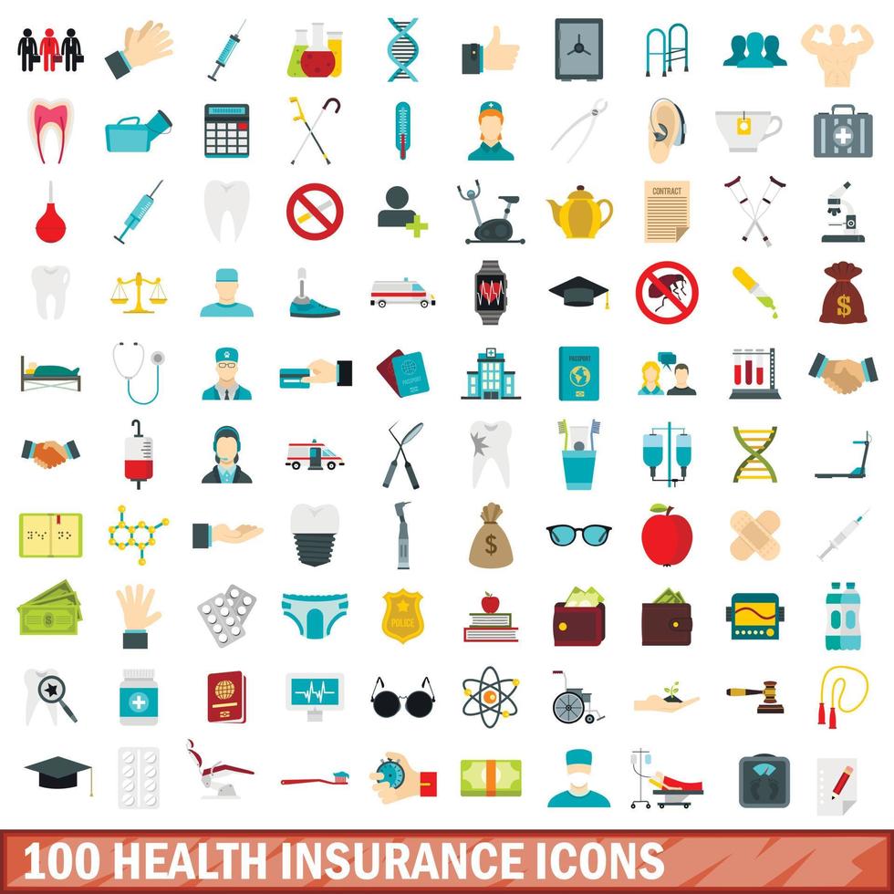 100 Krankenversicherungssymbole gesetzt, flacher Stil vektor