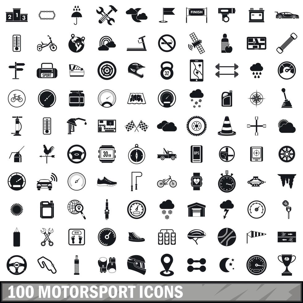 100 motorsport ikoner set, enkel stil vektor