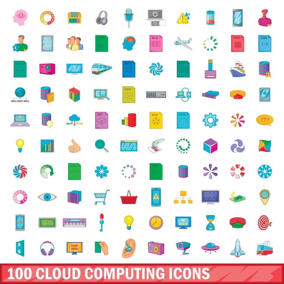 100 Cloud-Computing-Symbole im Cartoon-Stil vektor