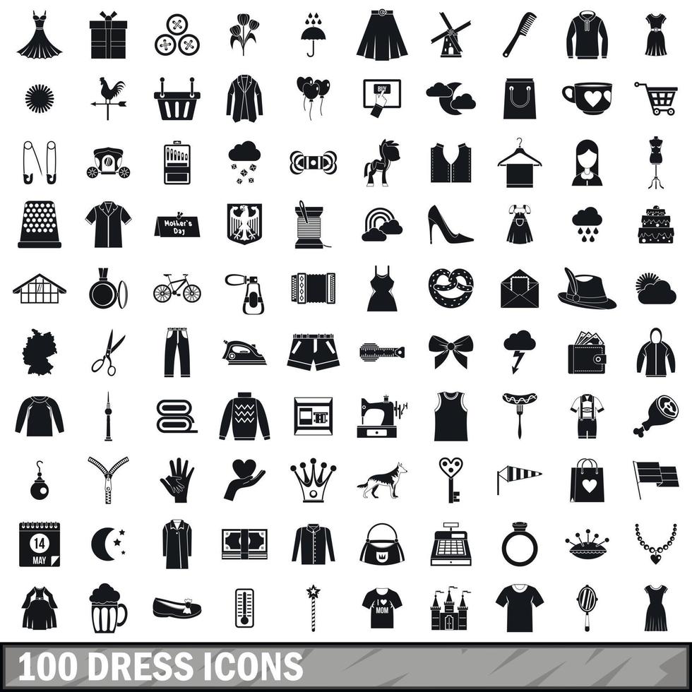 100 klänning ikoner set, enkel stil vektor