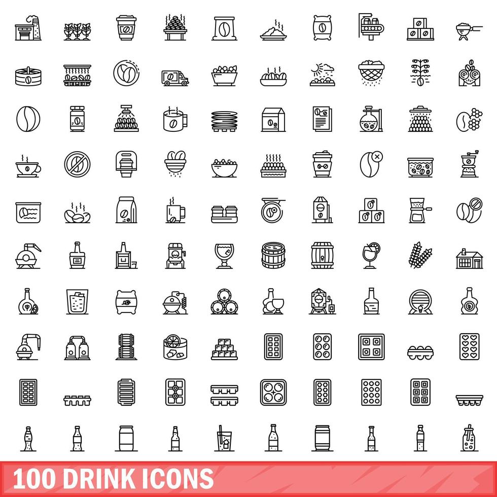 100 drinkikoner set, konturstil vektor