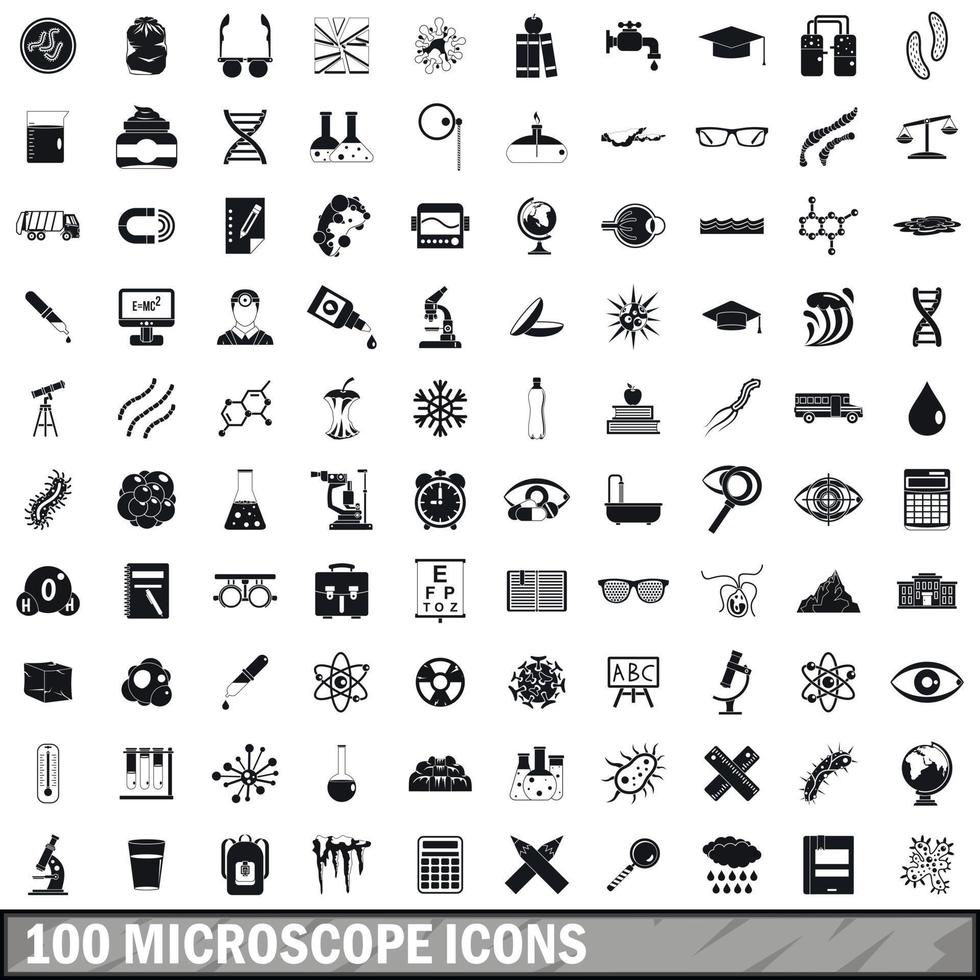 100 Mikroskop-Icons gesetzt, einfacher Stil vektor