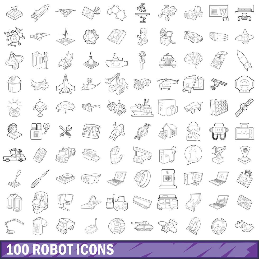 100 robotikoner set, konturstil vektor