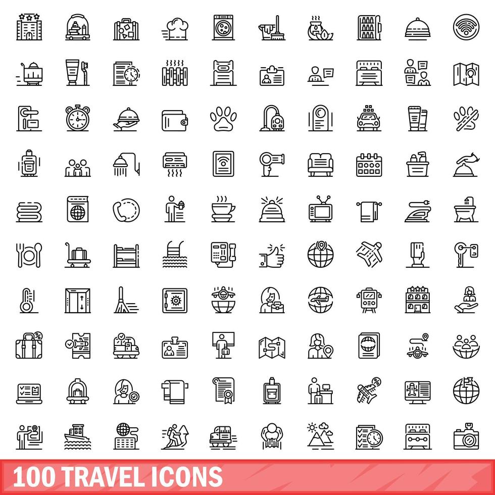 100 Reisesymbole gesetzt, Umrissstil vektor