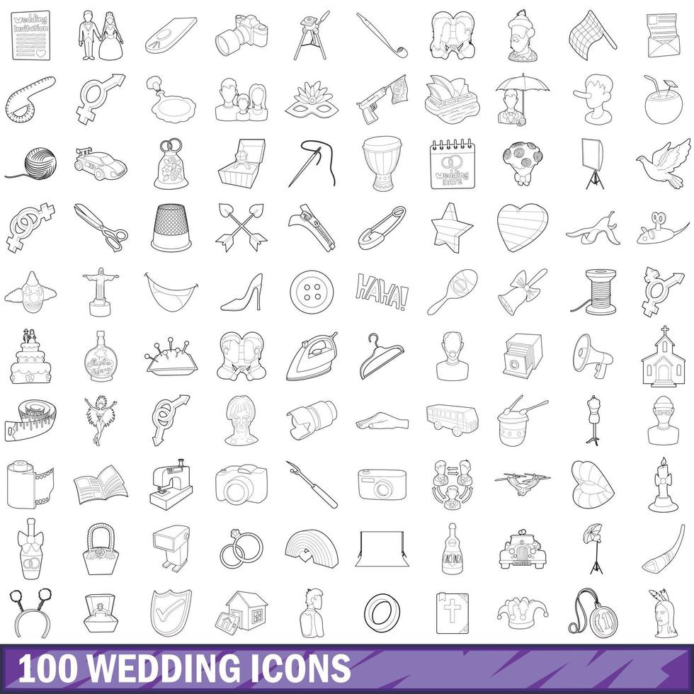 100 bröllop ikoner set, kontur stil vektor