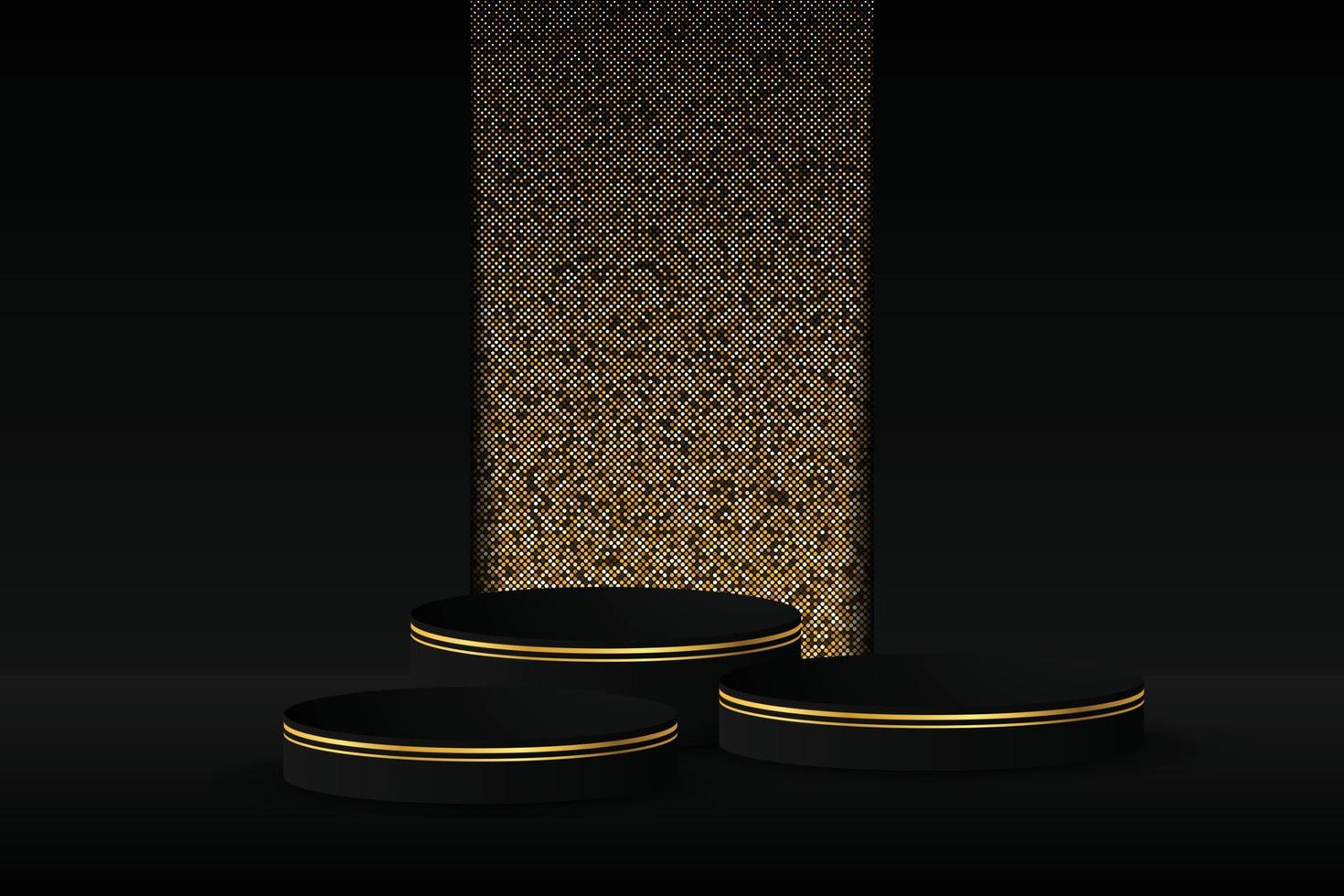 schwarzes podium und moderner goldrand mit glitzerndem goldhintergrund. abstrakte Vektorillustration, die eine 3D-Form zum Platzieren eines Produkts mit Kopierraum zeigt. vektor