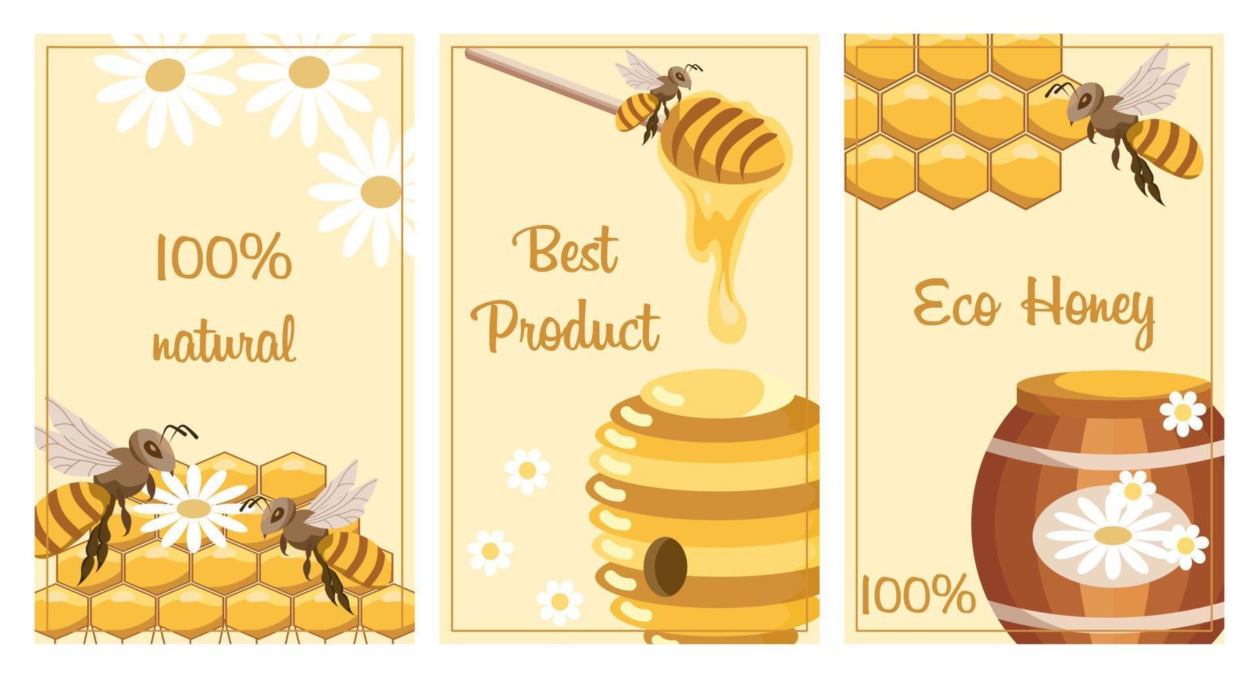 Honig-Poster-Set. Plakate mit Bienen, Waben, Honigglas, Löffel, Fass und Gänseblümchen. das Konzept der ökologischen Bioprodukte. Vektor
