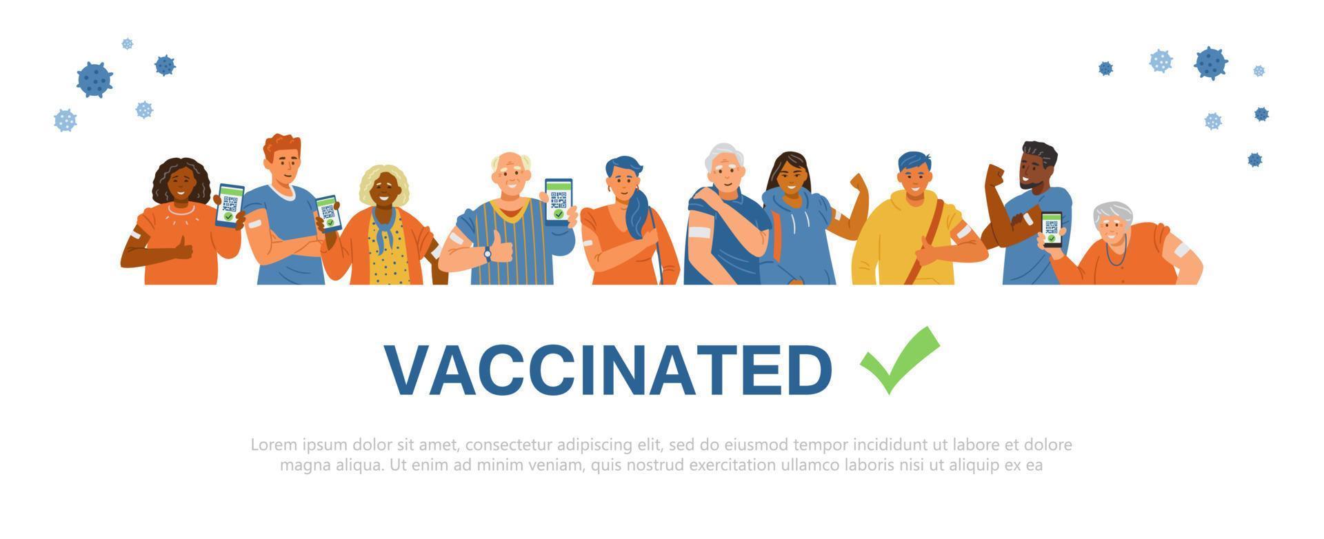 multiracial människor vaccinerade platt vektor banner. unga och äldre män och kvinnor visar händer med plåster efter att ha blivit vaccinerad och håller smartphones med vaccinationsintyg.