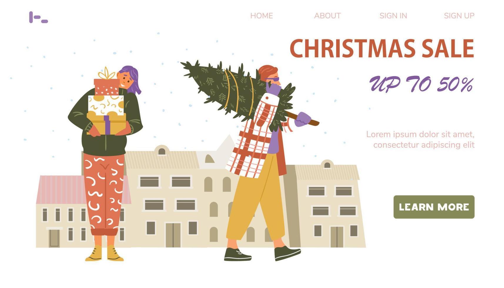 jul försäljning webbsida vektor mall. glad kvinna med presentaskar, man går med julgran.