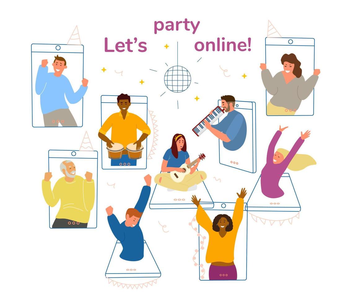 online-party während der vektorillustration des quarantänekonzepts. glückliche Menschen unterschiedlicher Rassen und Altersgruppen in Smartphones tanzen, spielen Musik, singen. vektor