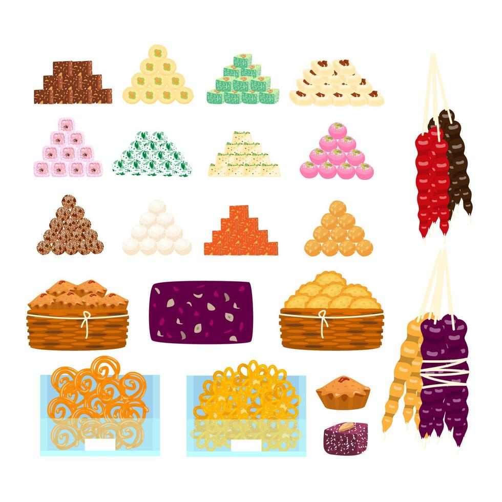 großer Vektorsatz verschiedener asiatischer Süßigkeiten in Pyramiden, in Körben, in Glasbehältern. Churchkhela, Sorbet, Kuchen, Pasteten, Lokum, Laddu, Gujiya, Sandesh, Gulab Jamun, Jalebi, Rasgulla und andere. vektor