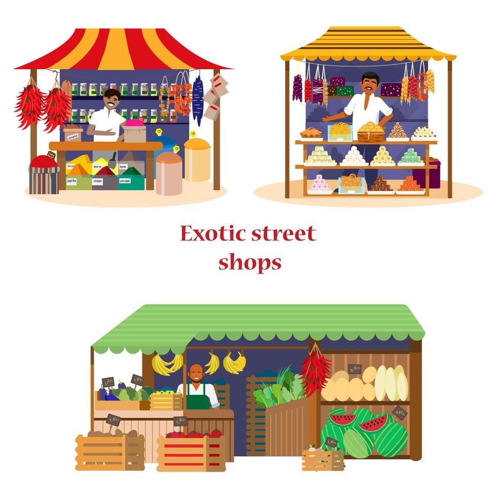 Vektorset exotischer Straßenläden mit Verkäufern im flachen Cartoon-Stil. Gewürze, Süßigkeiten und grüne Lebensmittelgeschäfte. vektor