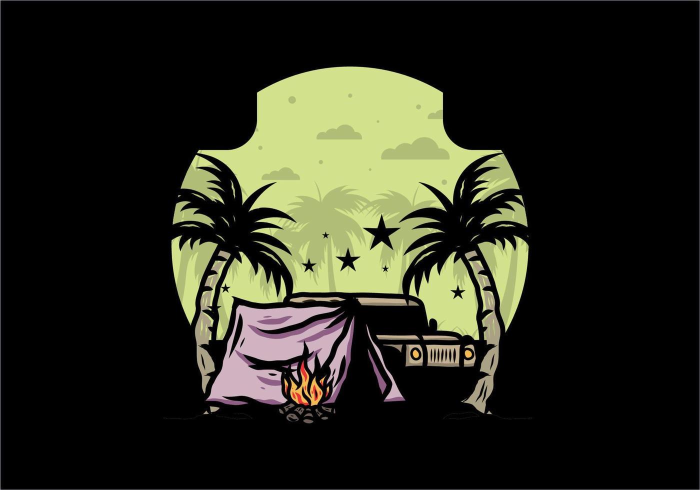 campingtält framför bilen mellan kokospalm illustration vektor