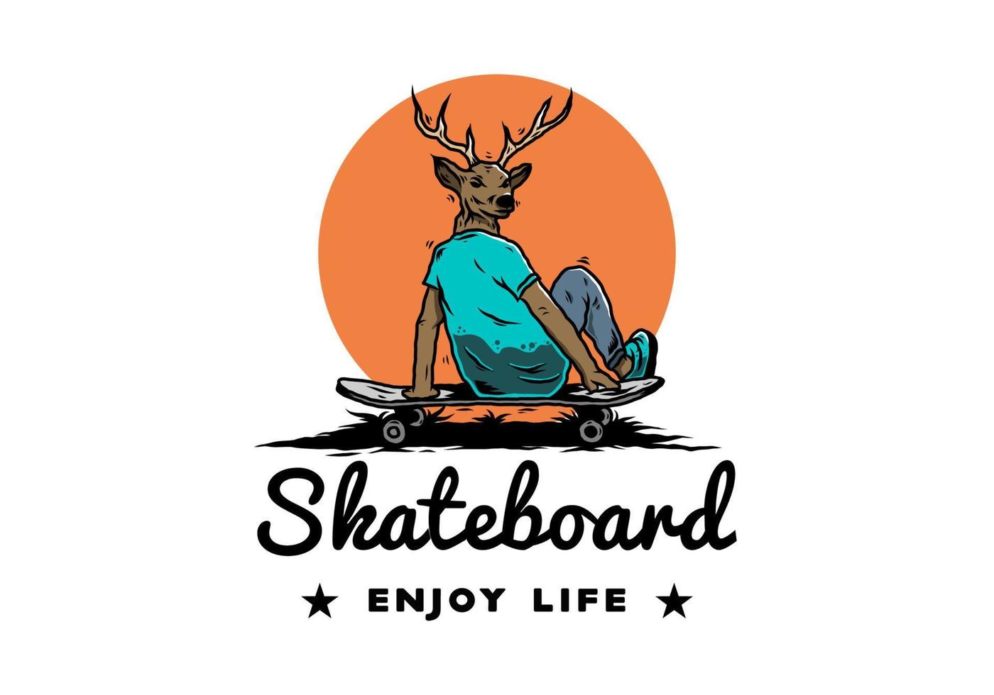 mann mit dem hirschkopf, der auf skateboardillustration sitzt vektor