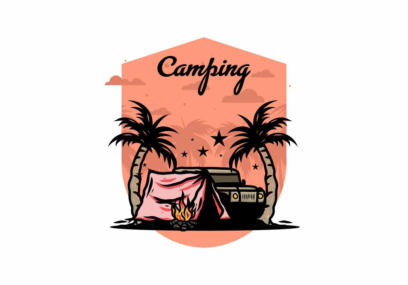 Campingzelt vor dem Auto zwischen Kokosnussbaumillustration vektor