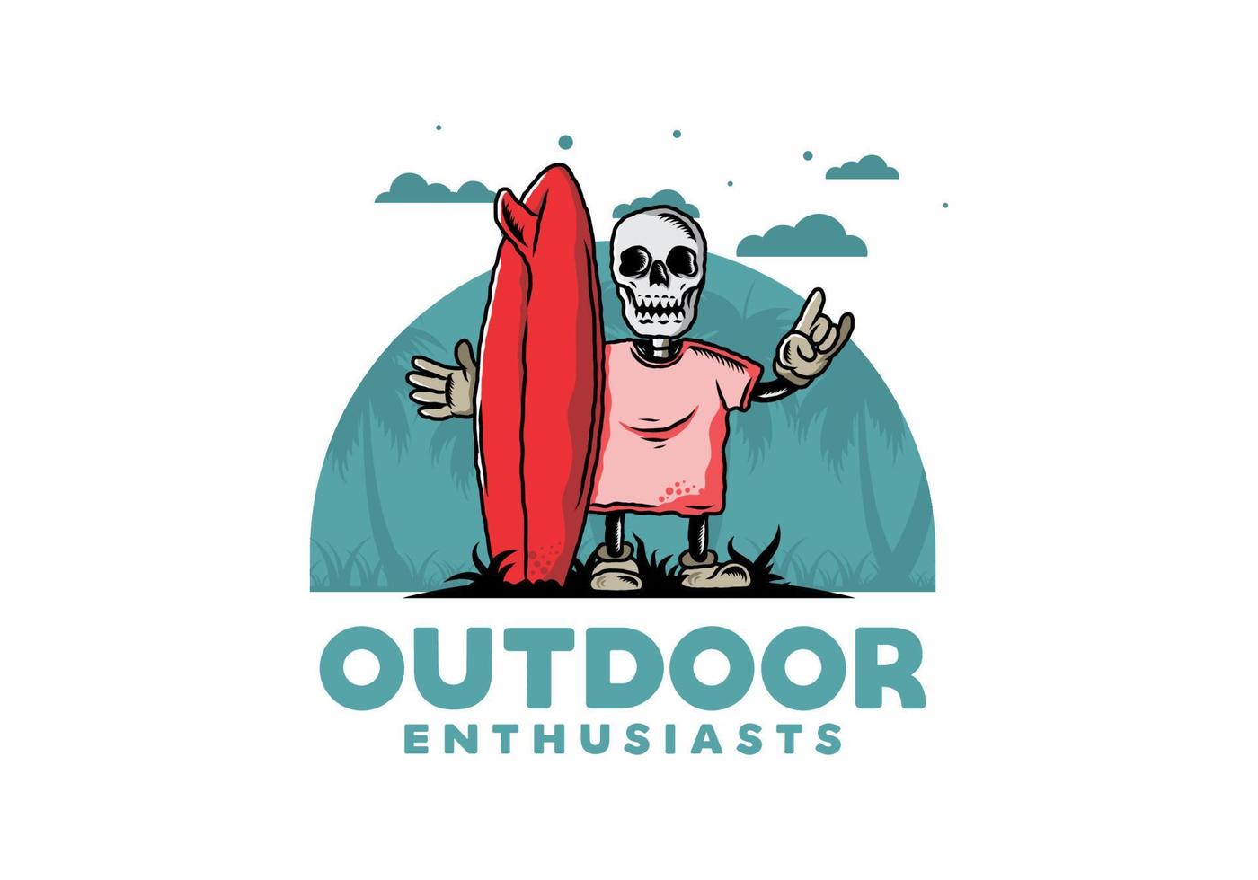 kleiner schädel, der ein surfbrettillustrationsdesign hält vektor