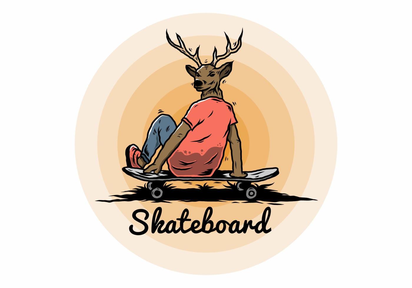 mann mit dem hirschkopf, der auf skateboardillustration sitzt vektor