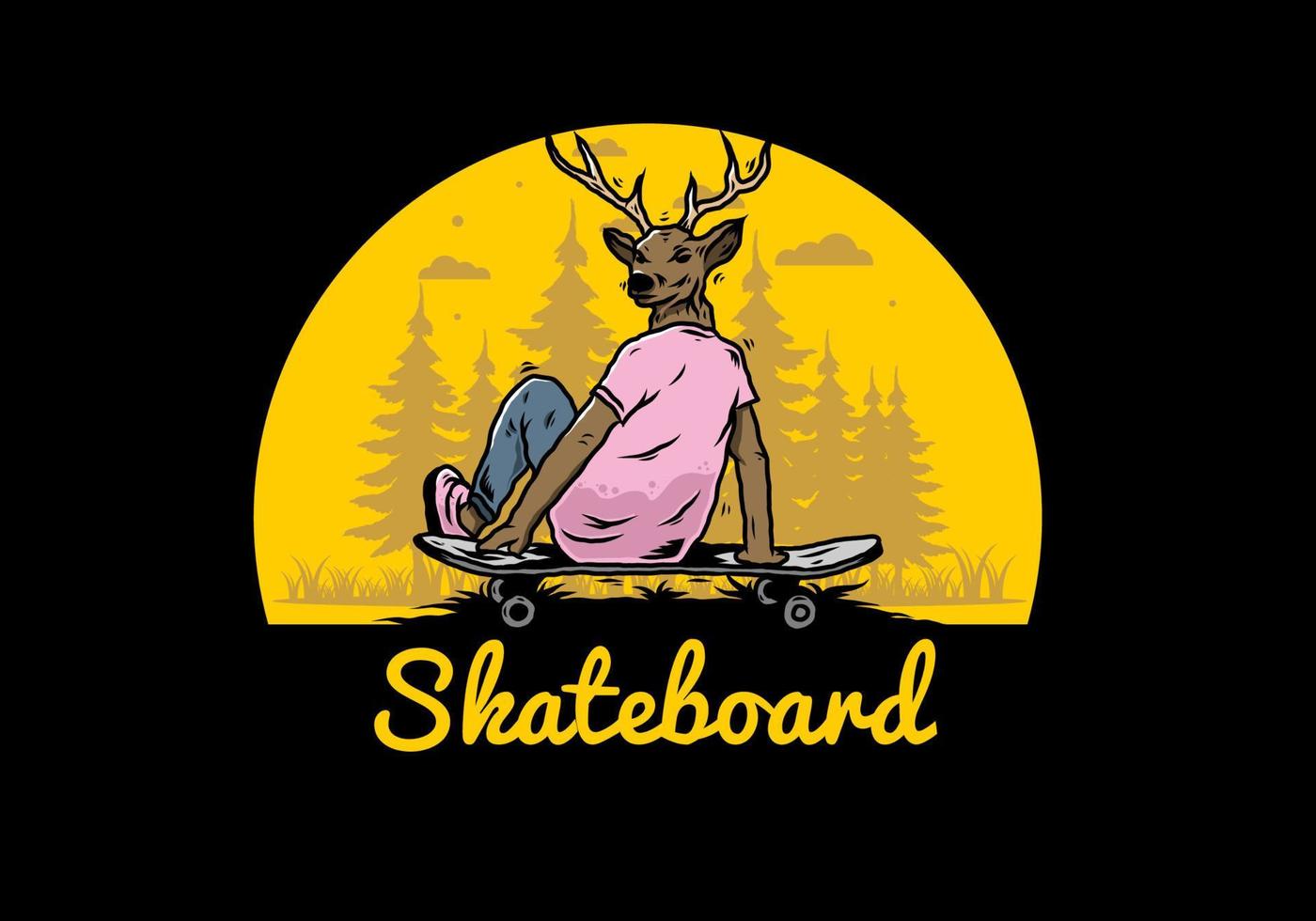 mann mit dem hirschkopf, der auf skateboardillustration sitzt vektor