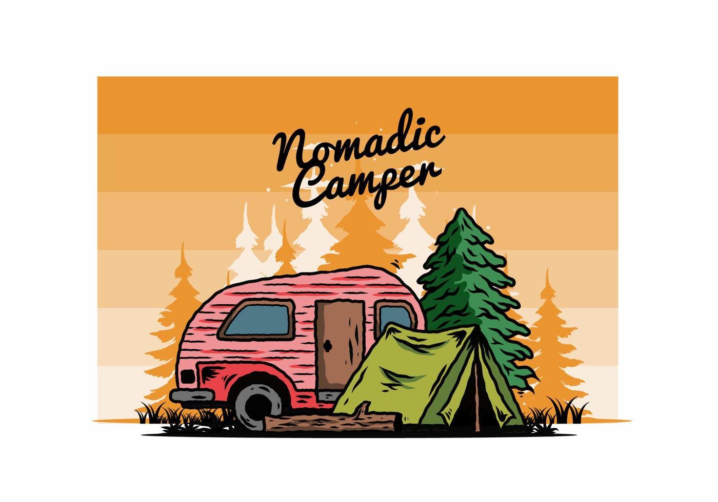 Teardrop Camper und Zelt vor Pine Tree Illustration vektor