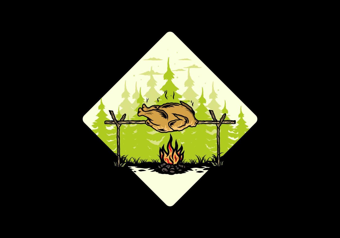 grillen von huhn über lagerfeuerillustrationsdesign vektor