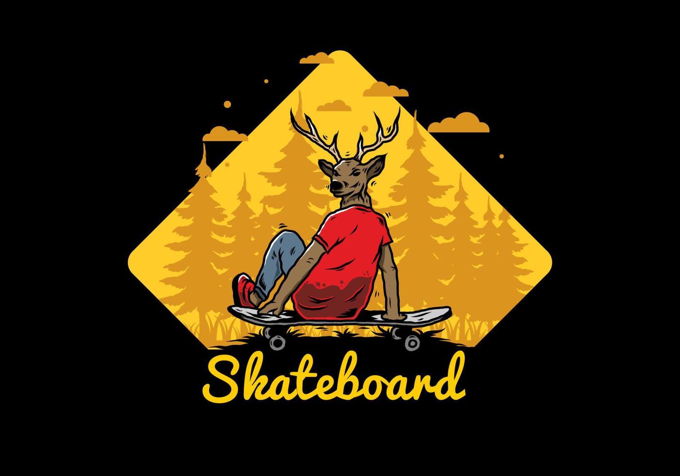 mann mit dem hirschkopf, der auf skateboardillustration sitzt vektor