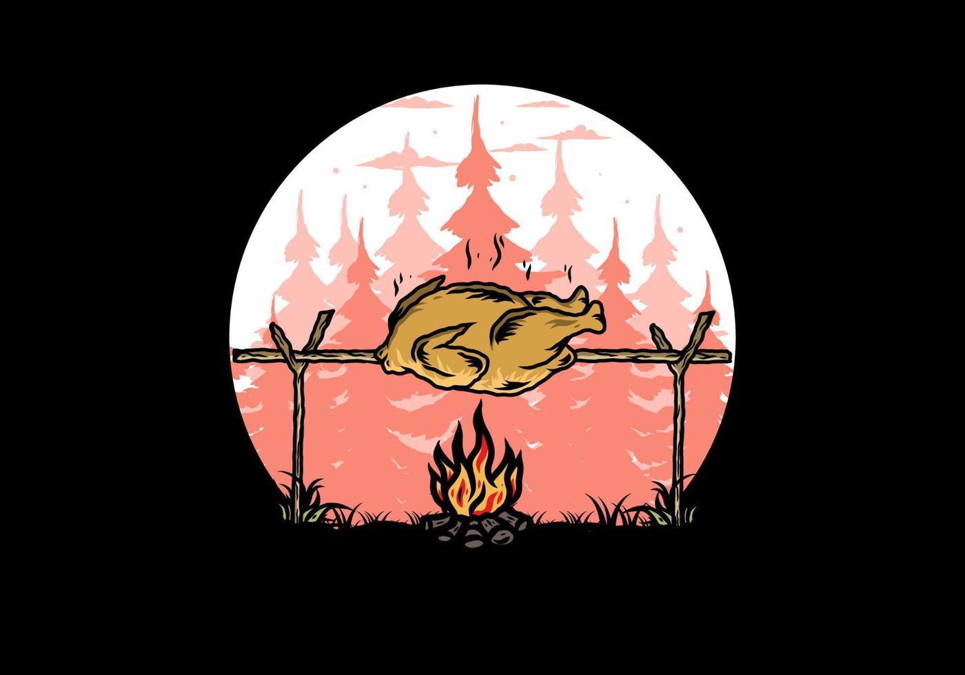 grillen von huhn über lagerfeuerillustrationsdesign vektor