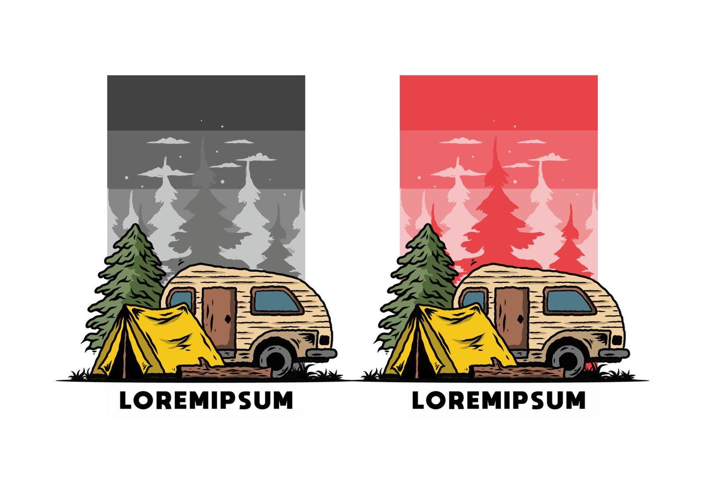 Teardrop Camper und Zelt vor Pine Tree Illustration vektor