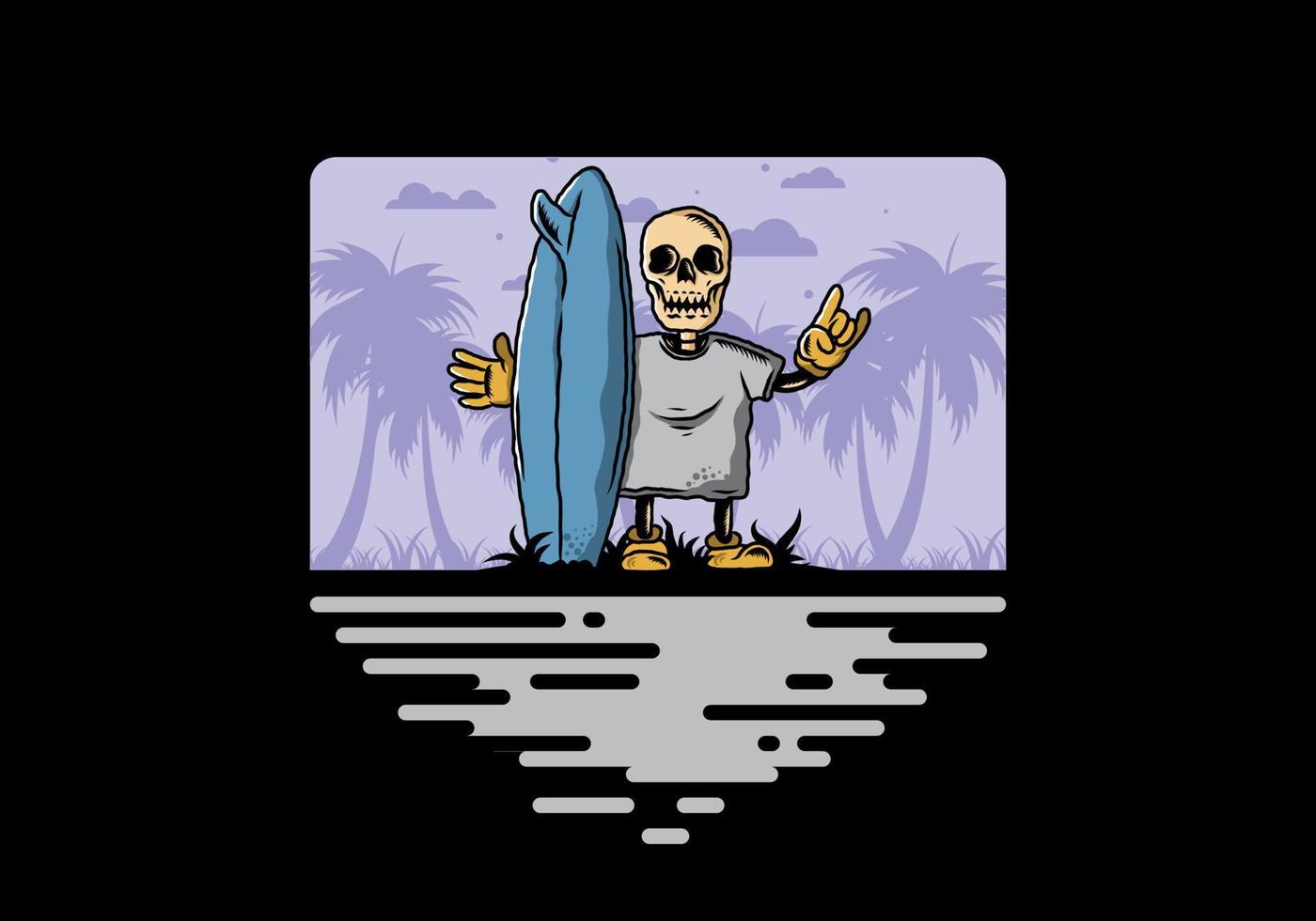 kleiner schädel, der ein surfbrettillustrationsdesign hält vektor