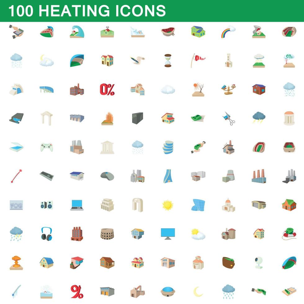 100 uppvärmning ikoner set, tecknad stil vektor