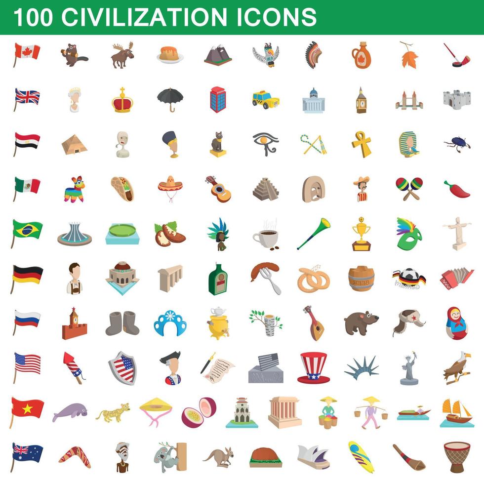 100 civilisation ikoner set, tecknad stil vektor