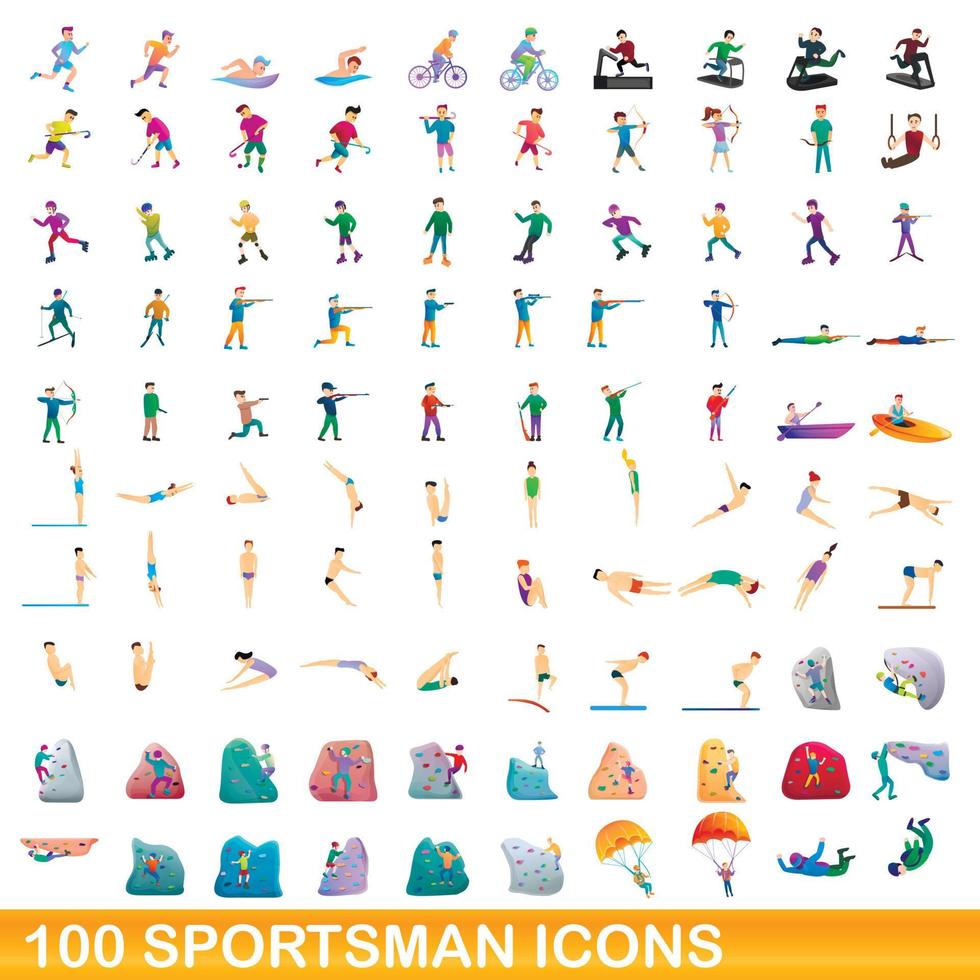 100 idrottsman ikoner set, tecknad stil vektor
