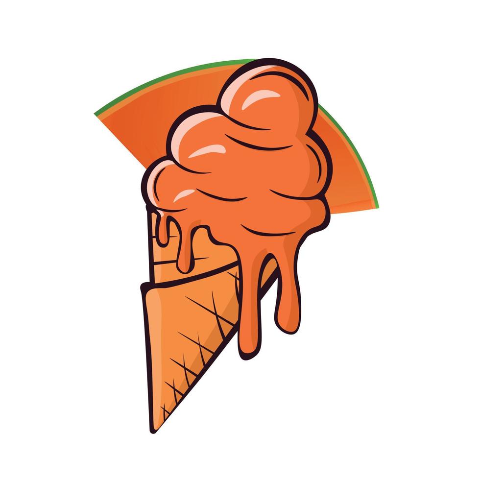 schmelzende Papaya-Eisbällchen in der Waffelkegel isoliert auf weißem Hintergrund. Vektor-flache Umriss-Symbol. comicfigur in der karikaturartillustration für t-shirt design vektor