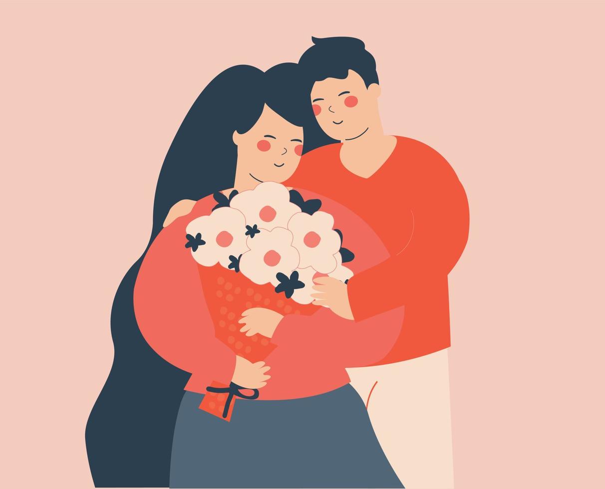 ung kvinna eller fru håller en bukett blommor och omfamnar sin man. nygifta par kramar varandra med kärlek och omsorg. familjedag, mors dag, alla hjärtans dag och hemliv. vektor lager