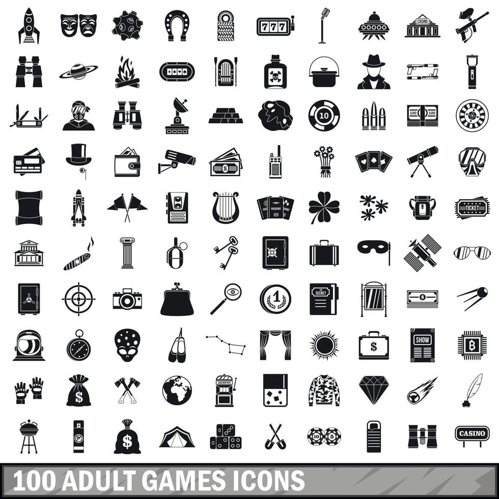 100 vuxna spel ikoner set, enkel stil vektor